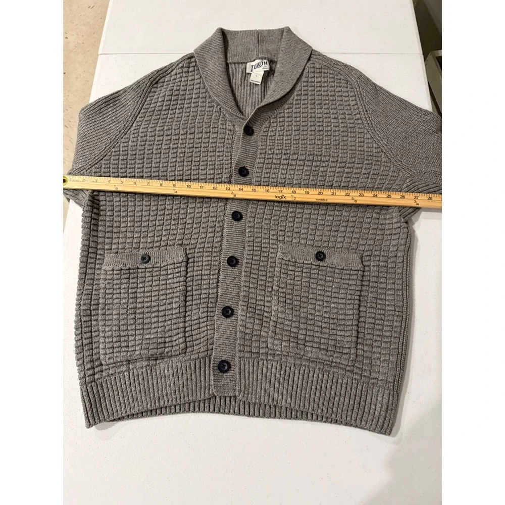 Duluth Trading Co Mens Gray Cotton Waffle Knit Shawl Collar Cardigan Sweater L